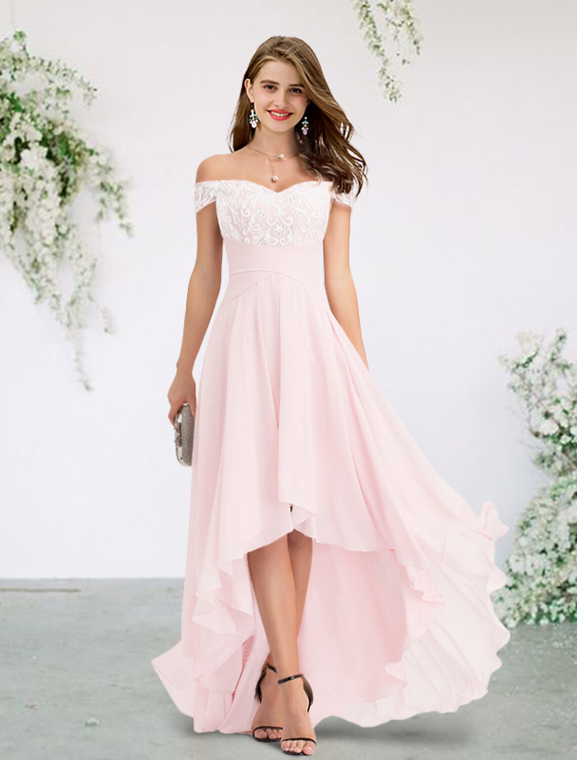 Wholesale A-Line Bridesmaid Dress Off Shoulder Short Sleeve Elegant Sweep / Brush Train / Asymmetrical Chiffon / Lace with Appliques